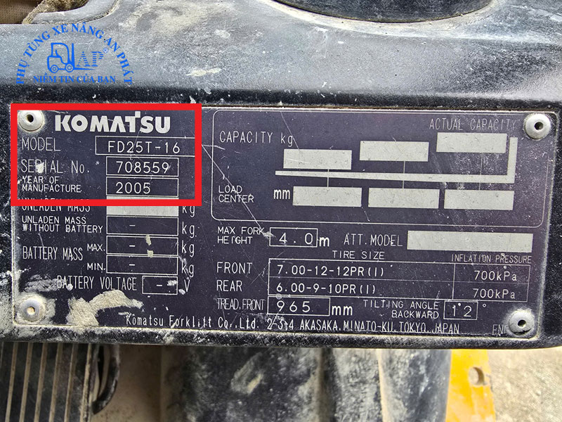 Name plate xe Komatsu FD25T-16